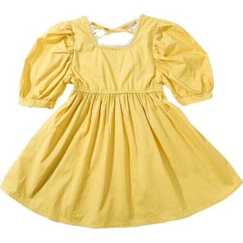 Yellow Pearl Dress Age For 1 - 8 Years Baby Girls Korean Style Short Sleeve Bow Dresses 2021 New Summer Backless Casual Frocks