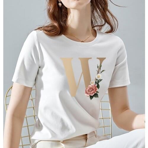 Women Tshirt Female Tops Tee Flower Alphabet Font A B C D E F Rose Letter Combination Printing T-shirt Short Sleeve,Drop Ship