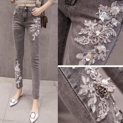 Spring Summer Fashion Women High Waisted Sequin Flower Embroidery Skinny Jeans Pants , Womens Pencil Stretch Grey Denim Trousers