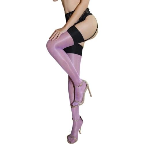 Women Wide Rib Top Cuff Sexy Vintage Nylon Stockings Thigh High Stocking Oil Flashing Medias Glitter Ladies Collant 2021