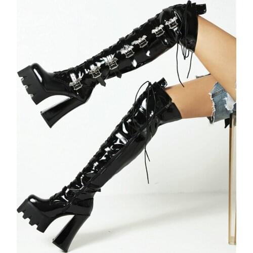 Women Lace Up Patent Leather Cuban High Heels Over The Knee High Boots Female Winter Warm Thigh High Chunky Platform Pumps Shoes