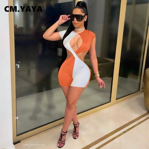 CM.YAYA Women Playsuit Patchwork Short Sleeve O-neck Cut Out Strechy Bodycon Playsuits Sexy Rompers One Piece Overalls Summer