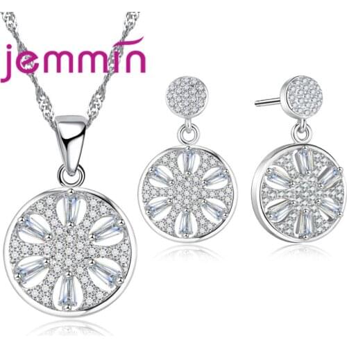 Hollow Flower Jewelry Set Round Pendant Clear Crystal 925 Sterling Silver Fine Jewelry For Women Earrings/Necklace