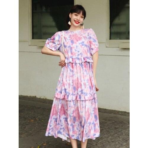 Summer New Womens Korean Version Ins Retro Oil Painting Sense Starry Sky Print Long Dress Bohemia Travel Vacation Beach Dress