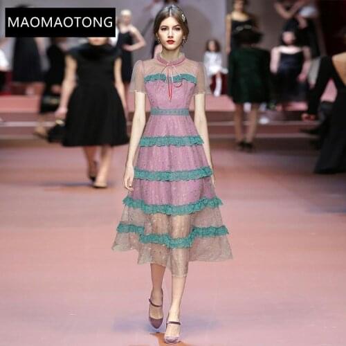 Fashion Runway Designer Summer Mesh Dress Womens Short Sleeve Lace Splicing Ruffle Elegant Party Midi Dress