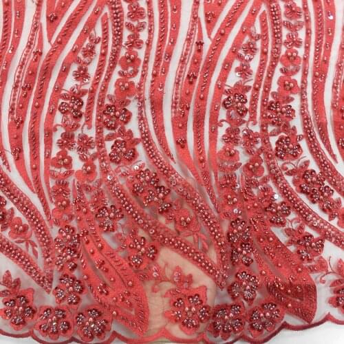 2021 Good Quality Red Heavy Beaded Tulle French Lace With Sequins And Pearls HY1195-1