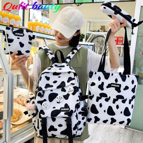 4 Piece High Quality Cow Pattern Womens Backpack Zebra Pattern Multifunctional Waterproof Student Schoolbag New Couple Backpack