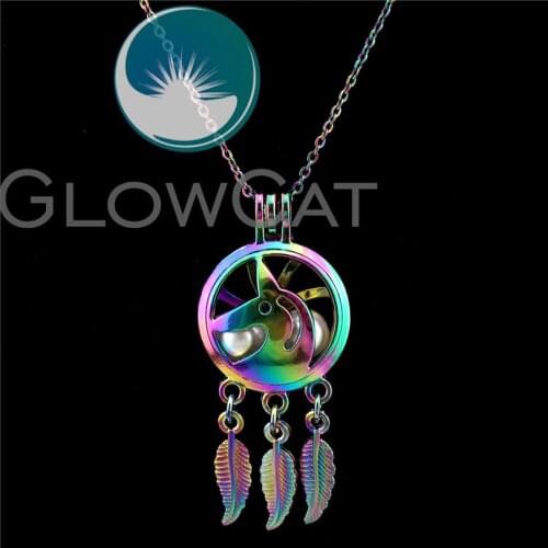 C739 Rainbow Dream Catcher Unicorn Beads Cage Essential Oil Diffuser Aromatherapy Pearl Cage Locket Necklace Kids Girl
