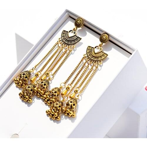 Egypt Turkish Classic Antique Womens Geometric Alloy Long Chain Tassel Jhumka Earrings 2019 Bohemia Indian Dangle Drop Earrings