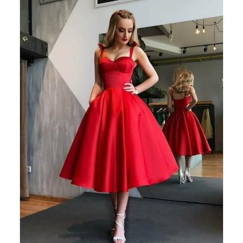 Elegant Spaghetti Strap Satin Evening Dresses with Pockets Red Zipper Back V-Neck Abendkleider Formal Party Gown for Women