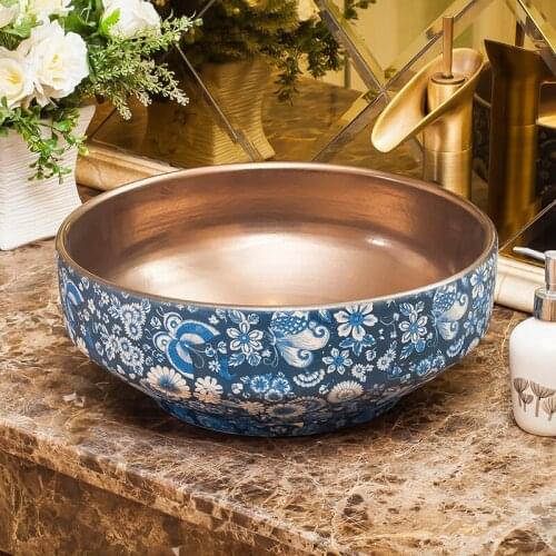 China Artistic Handmade Ceramic wash basin Counter top bathroom sink ceramic wash basin blue with gold