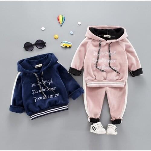 0-4 years winter boy girl clothing set 2019 casual thicker warm letter solid kid suit children baby clothing hoodies+pant 2pcs