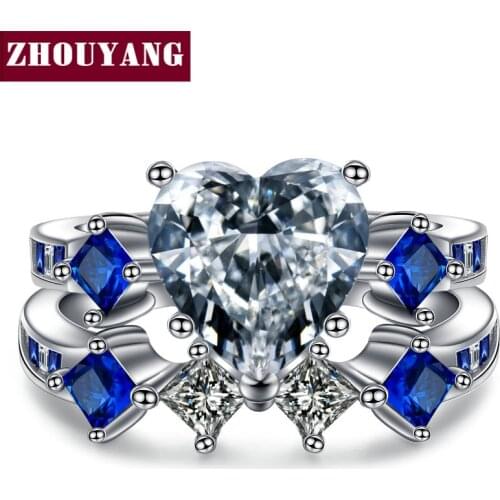 ZHOUYANG Ring Sets For Women Unique Love Heart Cubic Zirconia Blue Crystal Silver Color 2 PCS Party Gift Fashion Jewelry YG032