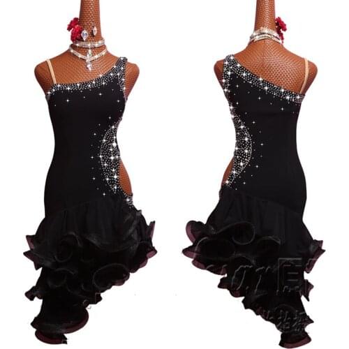 New Latin Dance Dress Women Costume Black Dress Sexy Waist Hole Crimping Dance Skirt Salsa Dress Tango Black Latin Dress BL1997