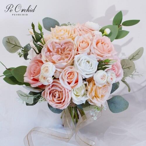 PEORCHID Champagne Pink Wedding flowers Rose Bridal Bouquet Peony Real Look Artifical Bridesmaid Hand Bouquet Customized 2021