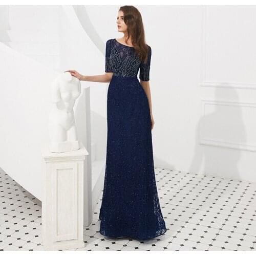 Crystal Bead Evening Gown With Half Sleeve For Women Casual Party Evening Dresses