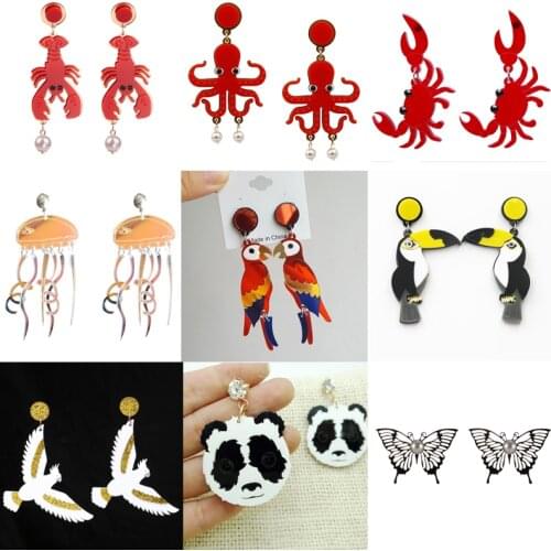 Donarsei Cute Animal Acrylic Earrings For Women Fashion Parrot Red Crab Bear Lobster Octopus Long Drop Dangle Earrings Gift