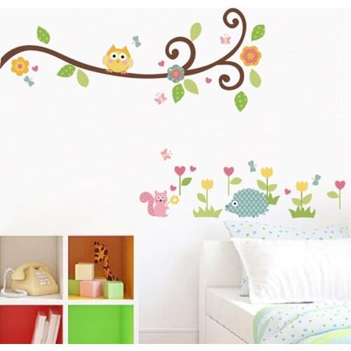 Owls Tree Branch Flower Vine Wall Sticker Kids Bedroom Decorations Nursery Cartoon Children Decals Diy Animal Wall Mural Art