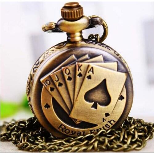 Vintage Playing Poker Cards Shape Necklace Quartz Pocket Watch Chain Pendant Necklacebirthday gift