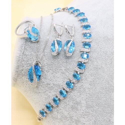 Xutaayi Blue Cubic Zirconia Silver 925 Jewelry Sets Women With Earrings Bracelet Necklace Pendant Ring Birthday Gift