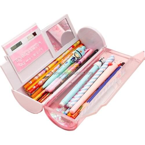 Calculator mirror pencile box creative falling sand pencil case quick sand bllasting transprent pencil box gift for children