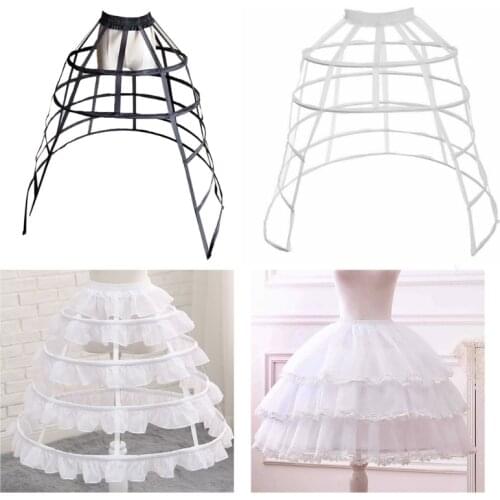 Women 5 Hoops Ruffles Pannier Petticoat Hollow Bird Cage Crinoline Underskirt X7YC