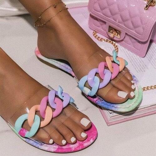 Plus Size Women Slipper Casual Flat Summer Flip Flops Candy Color Chain Slide Slip on Sandal Outdoor Home Beach Shoes 2021