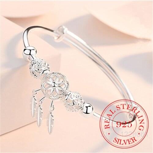 925 Sterling Silver Dreamcatcher Tassel Feather Round Bead Charm Bracelet &Bangle Adjustable For Women Elegant Jewelry Pulseiras