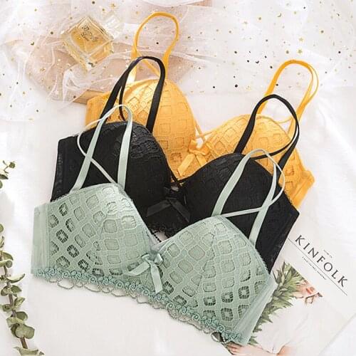 Wasteheart Women Fashion Green Yellow Lace One-Piece Bra Sets Bow Bralette Cotton Panties Push Up Underwear Wireless Lingerie