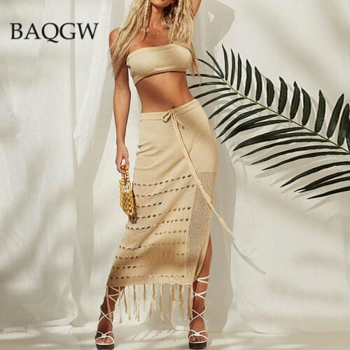 Women Summer Tassel Beach Dress Bathing Beachwear Swimwear Beach Cover Up Lace Crochet Two Piece Bikini Two Piece Dress Suit