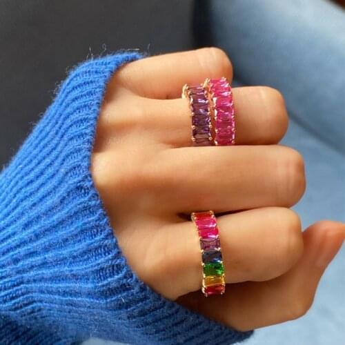 Gold Filled Fashion Jewelry Rainbow Square baguette CZ Engagement Ring For Women Colorful Cubic Zirconia CZ Eternity Band Ring