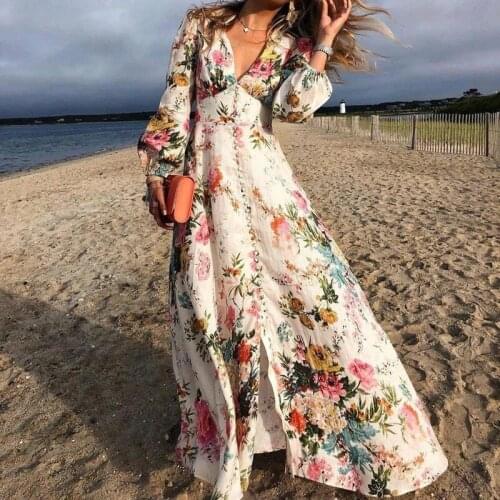 2021 summer fashion new womens romantic floral deep V-neck puff sleeve long skirt ladies floral V-neck elegant beach dress