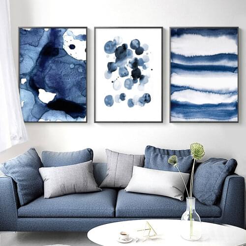 Abstract Blue Watercolor Canvas Painting Nordic Minimalist Poster Wall Art Pictures for Living Room Modern Home Decoration