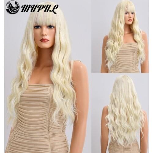 Blonde Colored Long Wave Daily Synthetic Wigs With Bangs For White Women Natural Heat Resistant Hair Womens Cosplay Party Wig