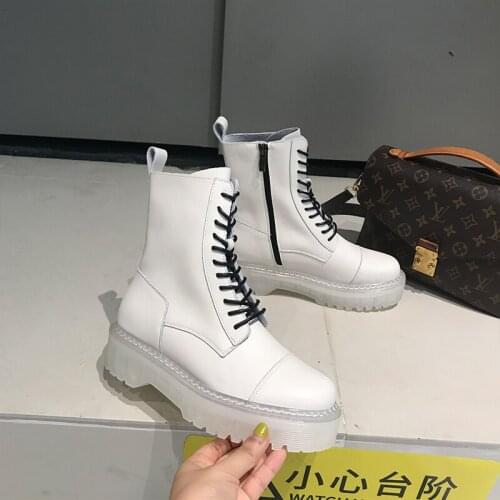 Ankle Boots Genuine Leather Short Boots women shoes Ladies Autumn fashion Lace-up Transparent sole Round toe boots