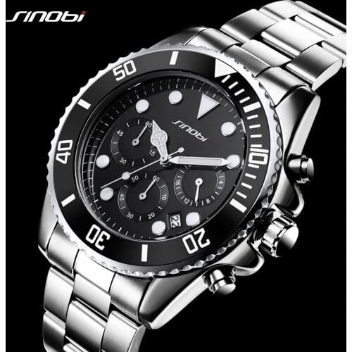 SINOBI Black Rotatable Clock Stainless Steel Watch Men Fashion Business Sports Saat Chronograph Quartz Watch Relogio Masculino