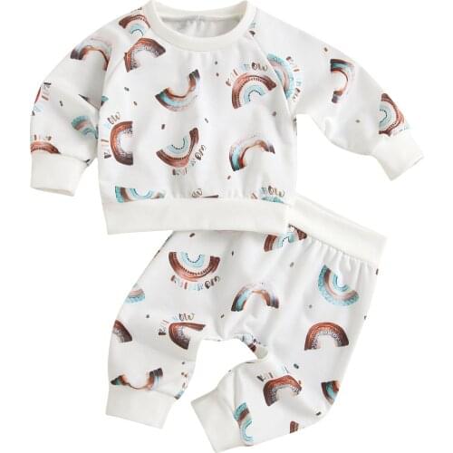 2 Pieces Kids Suit Set, Rainbow Print Round Neck Long Sleeve Pullover+ Long Pants for Toddler Girls, 3-24 Months