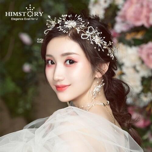 HIMSTORY Sweety Simulated Pearls Headdress Handmade Sparkling Soft Hair Accessories Gold Color Headwear Accessory