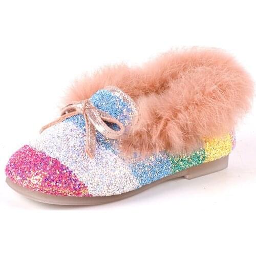 Toddler Girls Dress Shoes 2019 WInter Cotton Loafers Rainbow Stones Lids Velvet Shoes Princess Bow Sneakers For Wedding Party