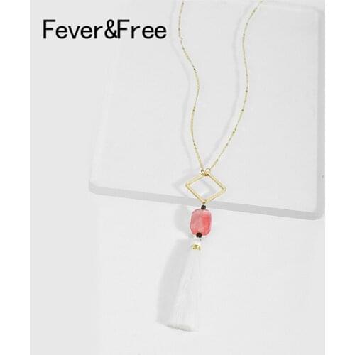 Fever&Free Fashion Sweet Pink Natural Stone Necklace Rhombus Simple Alloy Long Chain Gold Necklaces & Pendants Colier Femme Gift