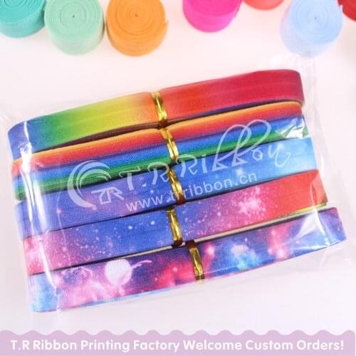 20yards/lot 4yards each pattern 5/8''fold over elastic FOE heat transfer starry sky printed headband headwear hair band diy