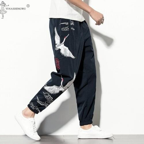 Autumn New Products Men Japanese Style Pants Chinese style Crane Embroidery Casual Trousers National Tide Retro Cotton Pants