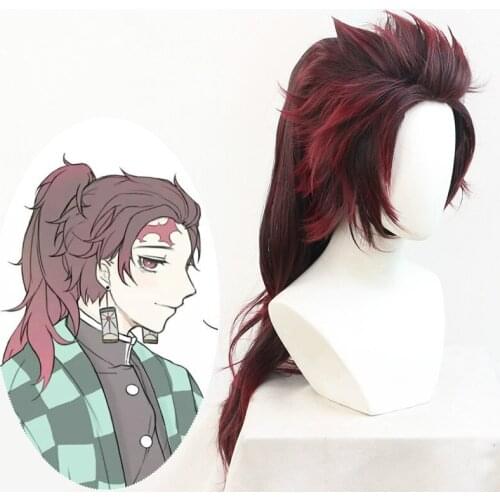 Anime Demon Slayer Kimetsu No Yaiba Tanjirou Kamado Cosplay Wigs Costume Wine Red Hair with Ponytail +Free Wig Cap