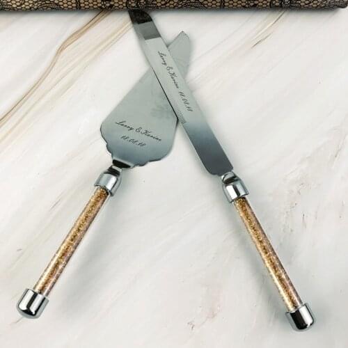 Personalized Wedding Cake Knife Server Set Crystalline Gold Wedding Glasses Stainless Steel Couteau Mariage Cake Shovel H11230