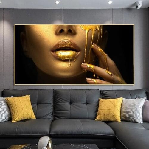 Sexy African Woman Gold Girl Face Canvas Paintings On The Wall Posters And Prints Golden Lips Wall Art Pictures Home Wall Decor
