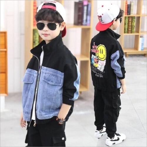Spring Autumn 4-13 Years Kids Clothes Jacket For Boys Jeans Coat Children Outerwear Stand Collar Printed Cartoon Denim Jackets