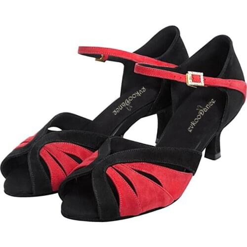 Practice Latin Dance Shoes Women 7cm Black Red Latin Salsa Ballroom Dancing Shoes Girl Low Heel Latin Ballroom Party Dance Shoes