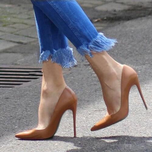 Brand Women Shoes Brown Pointed Stiletto High Heels Shallow Mouth Ol Office Single Shoes Elegant Sheepskin Leather Dress Pumps