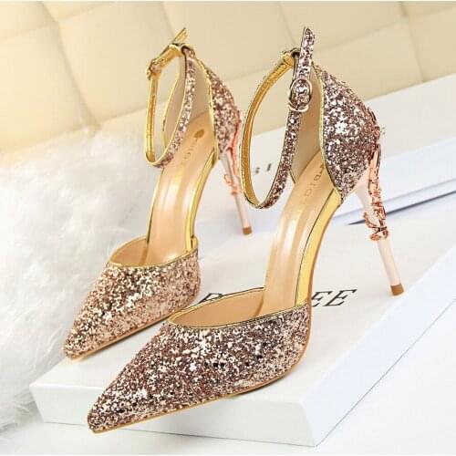 Spring 2021 Ladies' Sandals Hollowed-out nightclub slim metal heels and sparkly sequined strappy sandals
