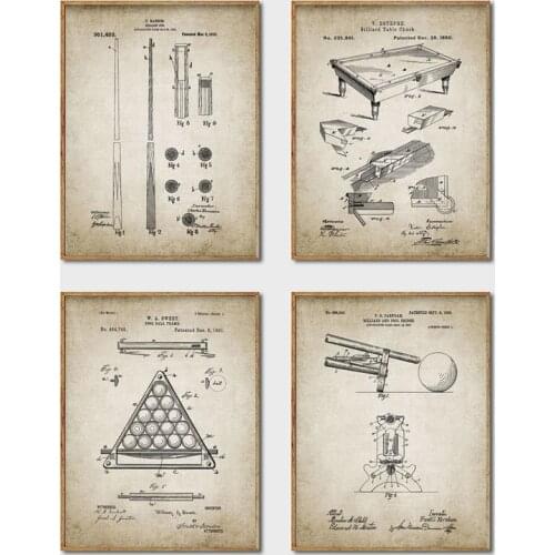 Vintage Billiards Patent Posters and Prints Snooker Cue Pool Table Blueprints Art Canvas Painting Billiard Room Wall Art Decor